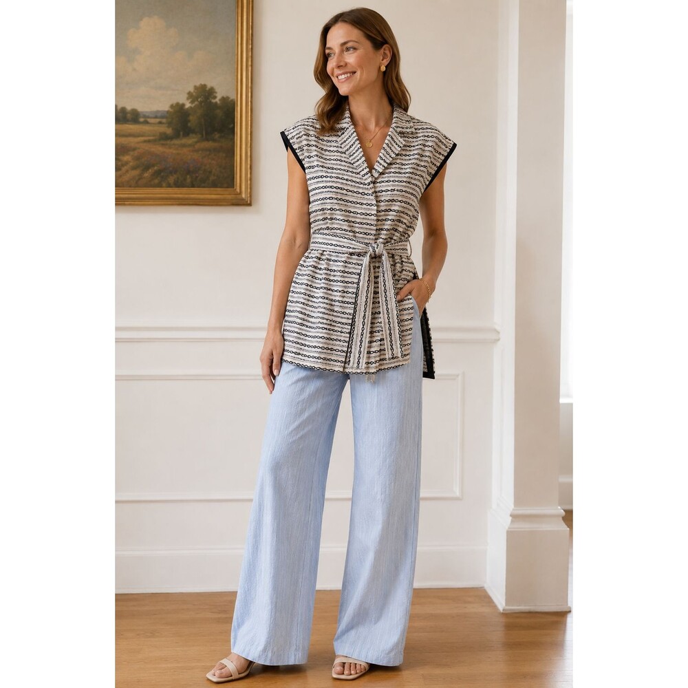 Ann Mashburn Tweed Cardigan Women’s M Black Ivory Belted Long Tunic Vest